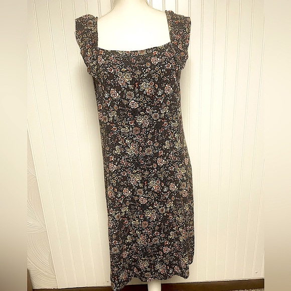 LOFT Boho Gray Floral Ruffle Sleeve Midi Dress Womens Large Petite - Picture 1 of 10